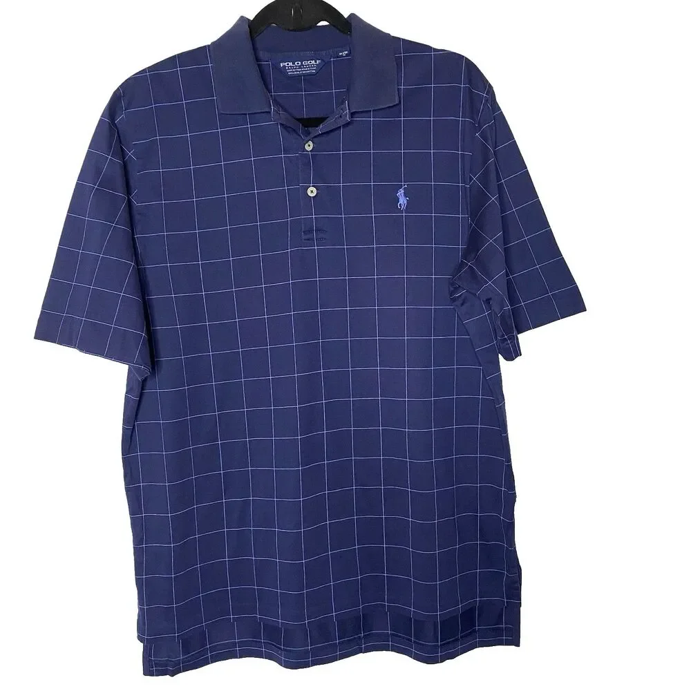 Polo Golf Ralph Lauren Shirt Mens M Windowpane Short Sleeve Cotton Navy Blue